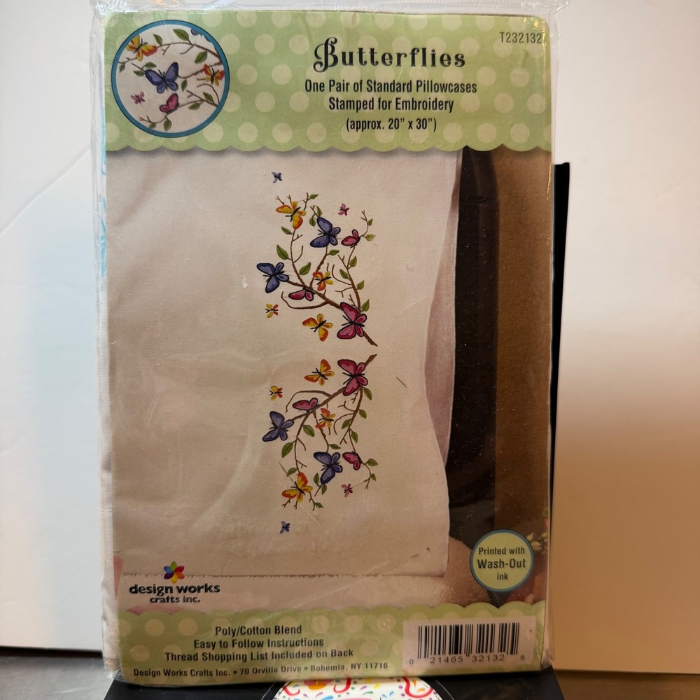 Design Works Crafts Butterflies Stamped Pillowcases T232132 White Embroidery Kit